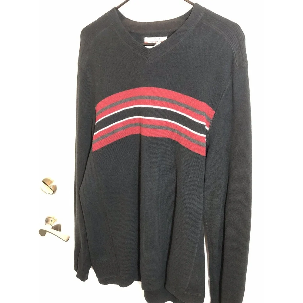 Eddie Bauer Sport Shop Sweater Men's Large Black Red Stripe Hike Fish Camp - Picture 2 of 9